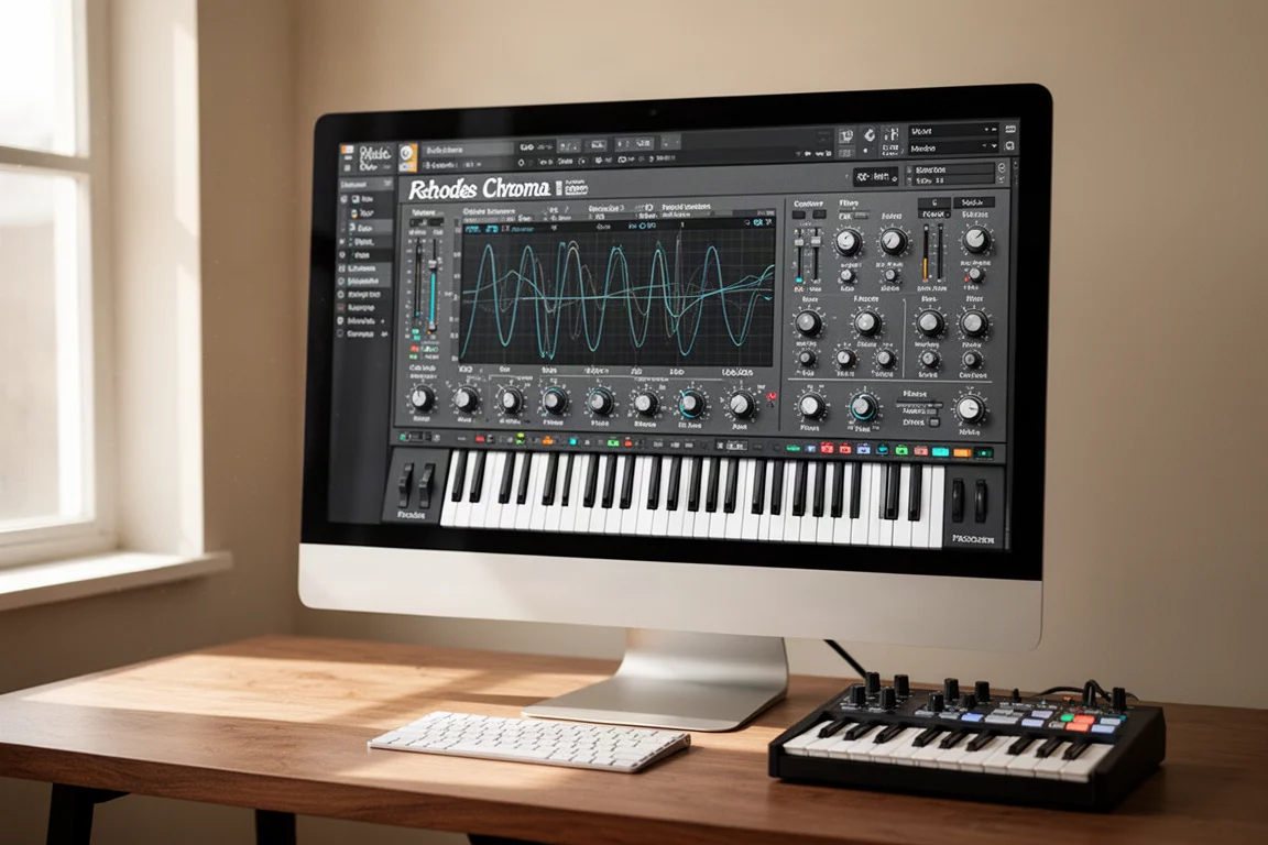 Cinq interfaces de plugins de clavier virtuel affichées sur un bureau de studio