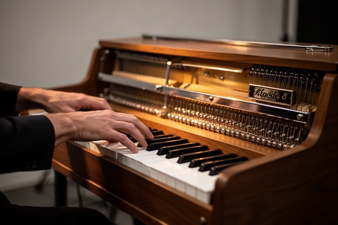 Mains jouant sur un piano électrique Rhodes Mark 8 dans un studio faiblement éclairé