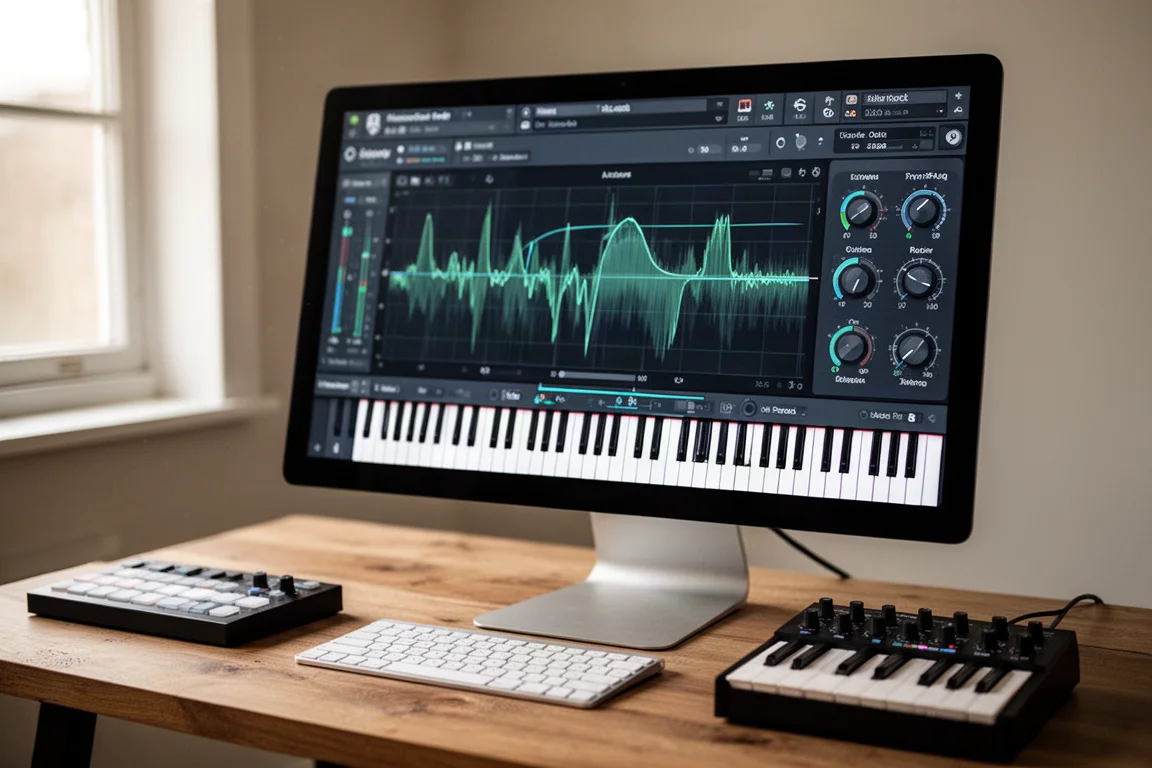 Gros plan sur l'interface d'un plugin de piano virtuel sur un écran d'ordinateur