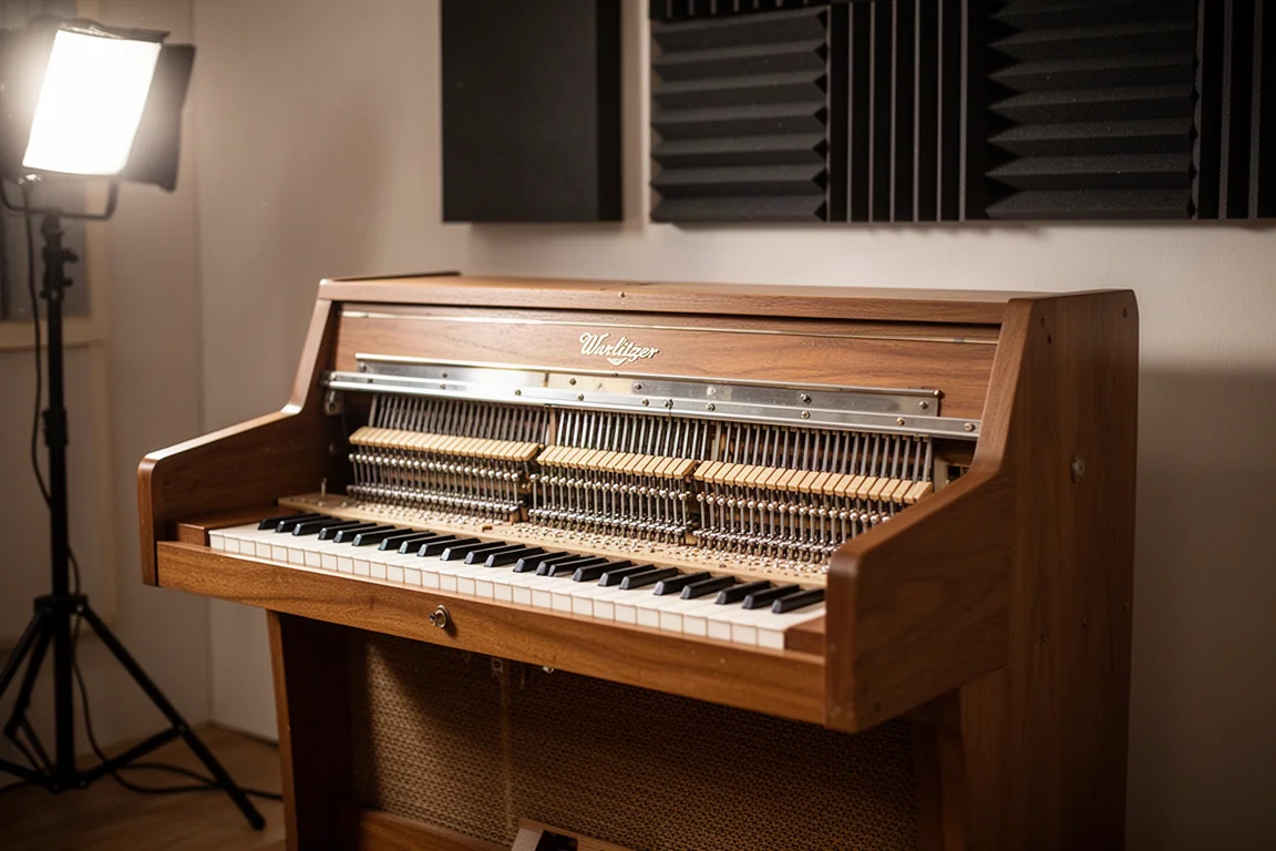 Piano électrique Wurlitzer vintage avec meuble en bois dans un studio d'enregistrement