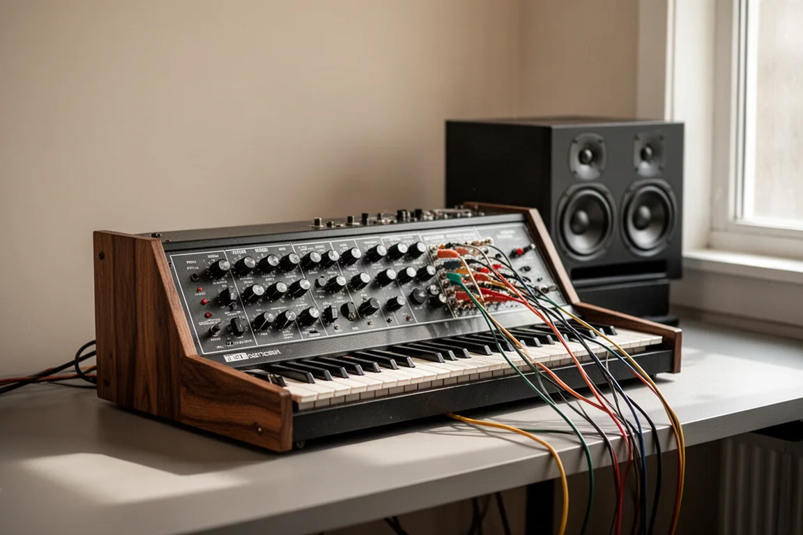 Synthétiseur analogique rétro avec boutons et câbles de patch sur un bureau de studio