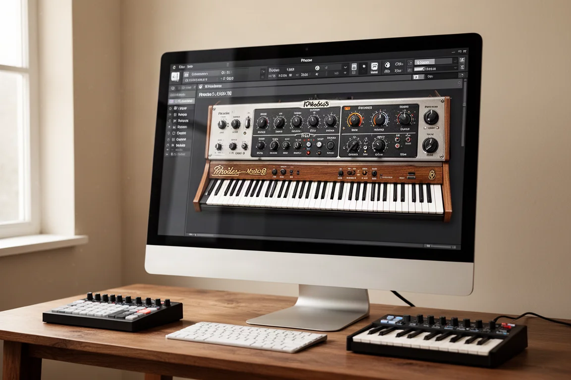 Cinq interfaces de plugins de clavier virtuel affichées sur un bureau de studio