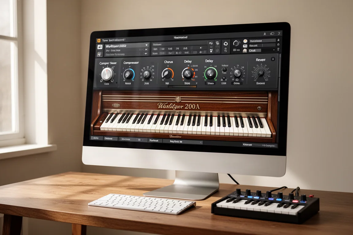 Cinq interfaces de plugins de clavier virtuel affichées sur un bureau de studio