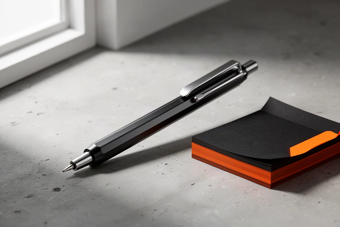 Short black hexagonal mechanical pencil on concrete beside black and orange memo paper