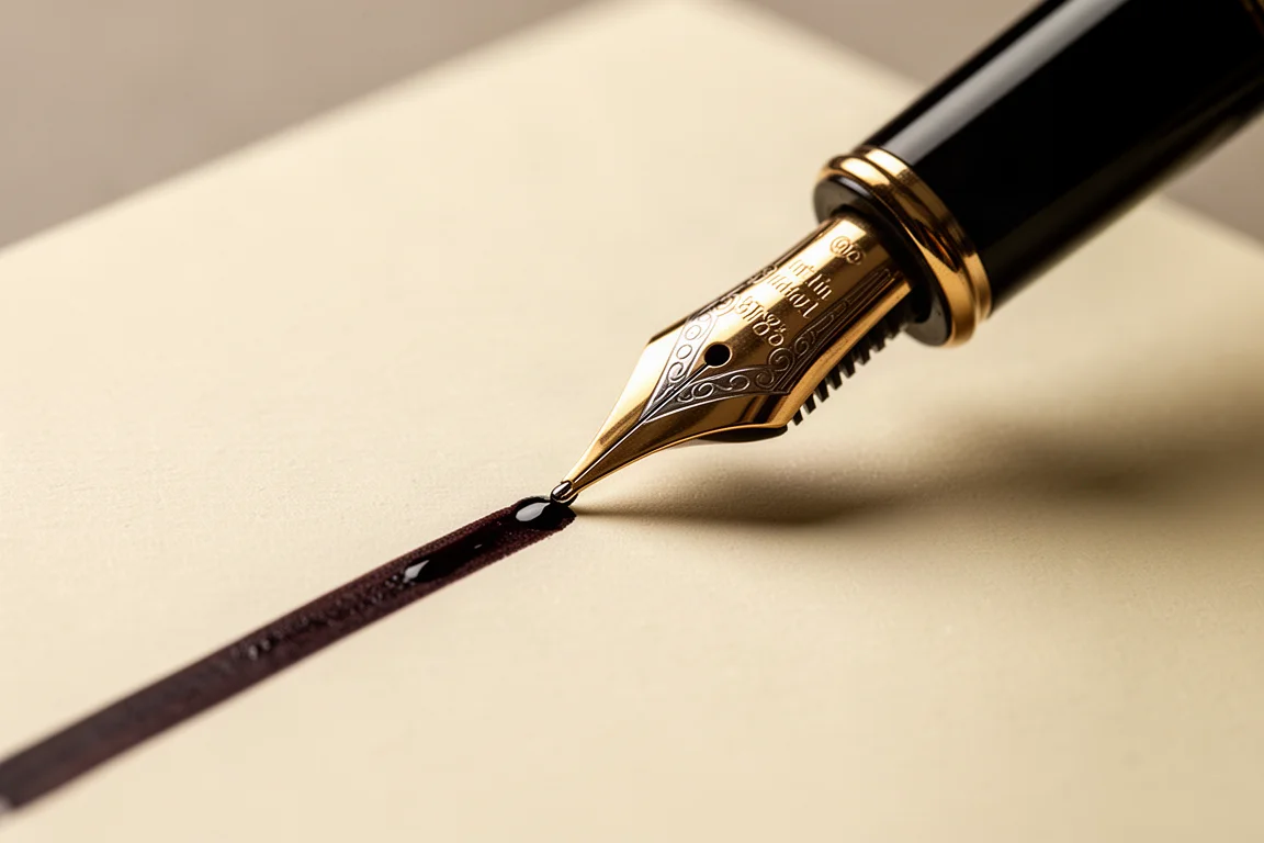 Wieczne pióro piszące na papierze ivory, zostawiając głęboką ciemną linię