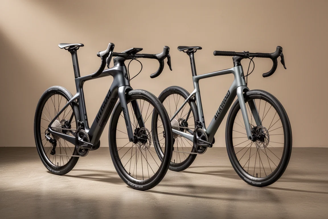 Twee allroadfietsen met geïntegreerde en conventionele cockpits op een betonnen studiovloer.