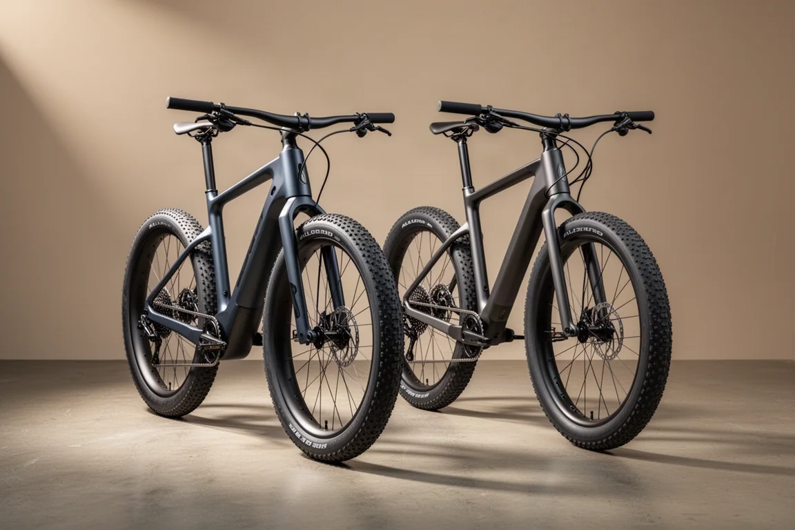 Due bici allroad con telai in carbonio scuri e coperture larghe su una superficie in cemento