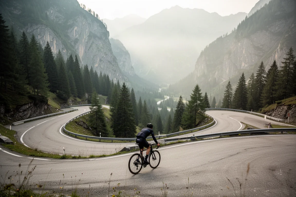 Radfahrer auf einem schlanken Rennrad auf einer breiten alpinen Kehre, darunter Kiefernwald