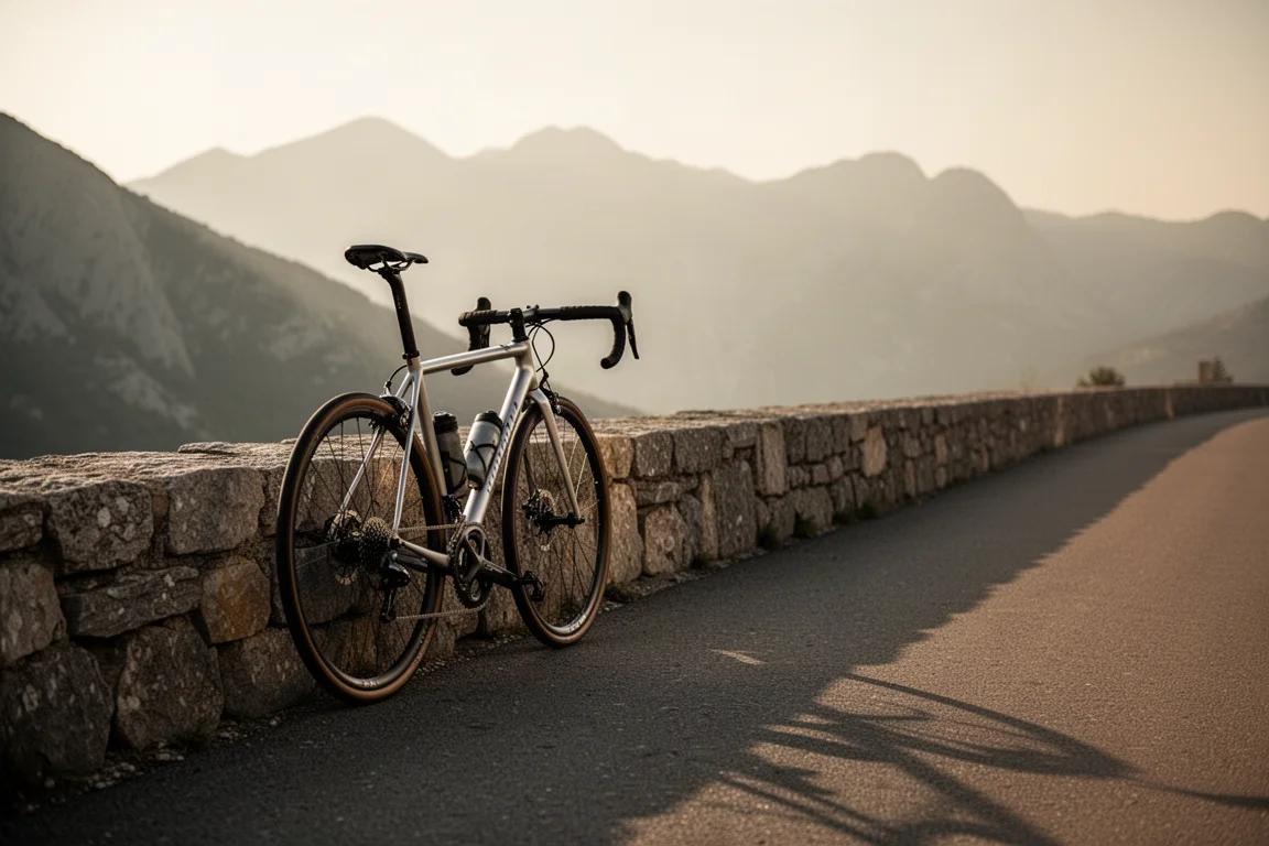 Road-E-Bike lehnt in der Dämmerung an einer Steinmauer neben einer ruhigen Bergstraße