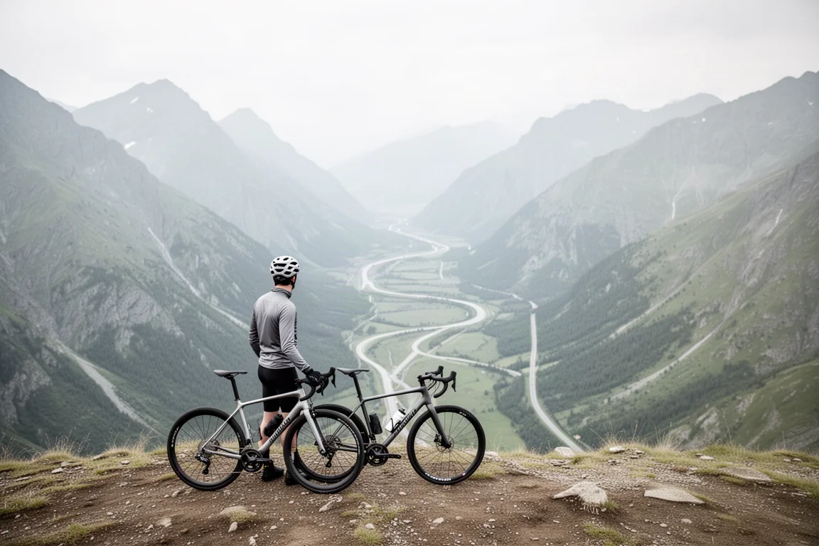 Radfahrer macht Pause auf einem hoch gelegenen Bergplateau über einer kurvenreichen Talstraße