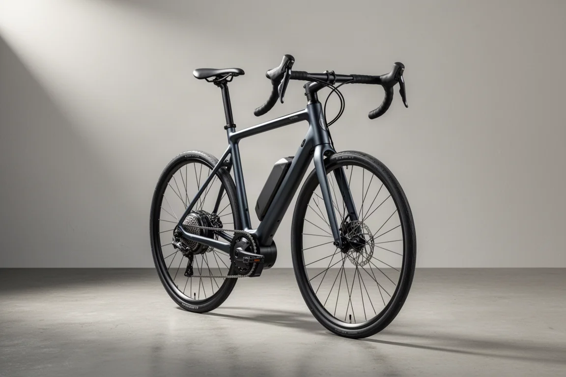 Bici elettrica da strada slanciata con manubrio a curva appoggiata su una superficie in cemento opaco