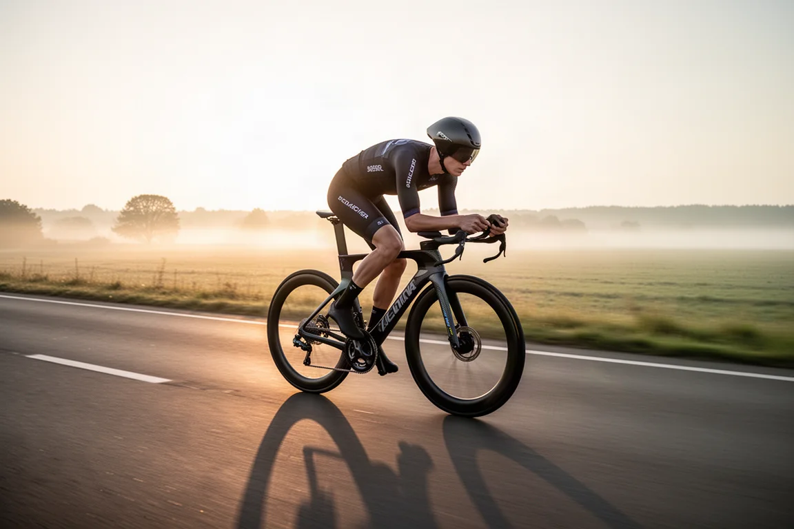 Cyclist in an aerodynamic position riding a modern aero road bike on open tarmac at dawn
