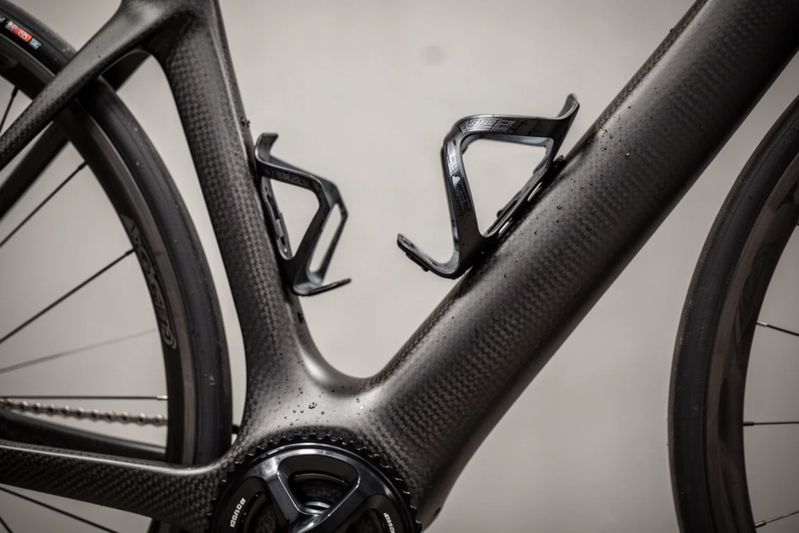 Close-up detail of a carbon aero road bike frame down tube meeting the bottom bracket with a bottle cage