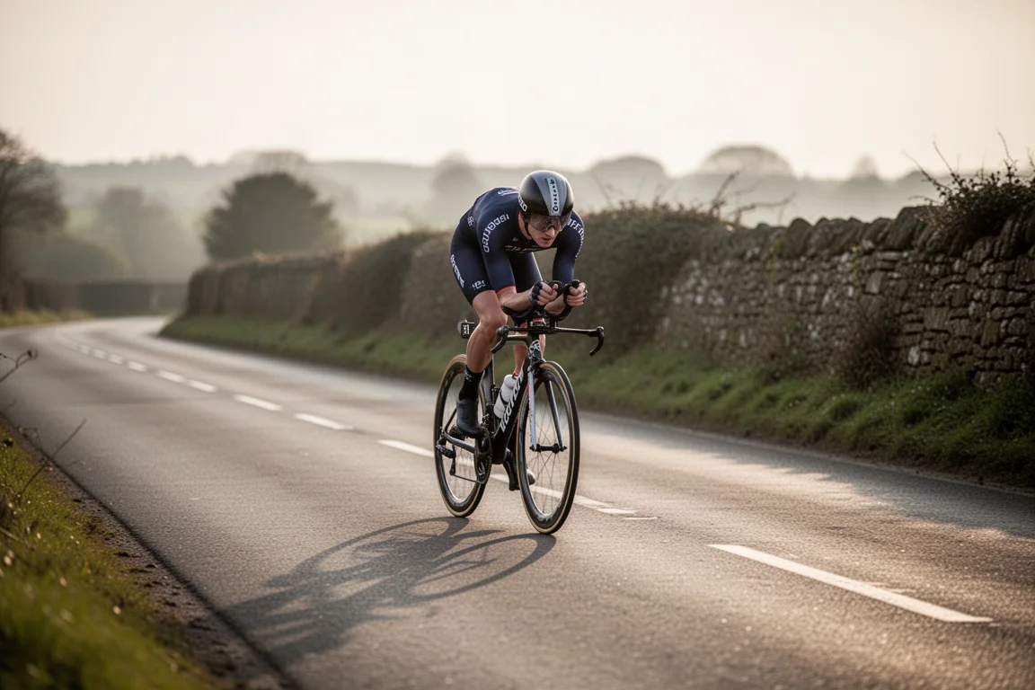 Road cyclist riding at speed on a flat rural time trial course in late afternoon light
