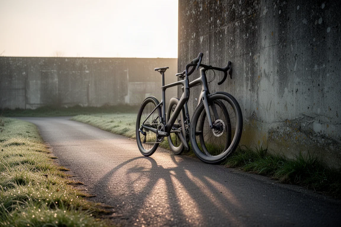 Aero road bike leaning against a concrete wall on an empty country road at sunrise