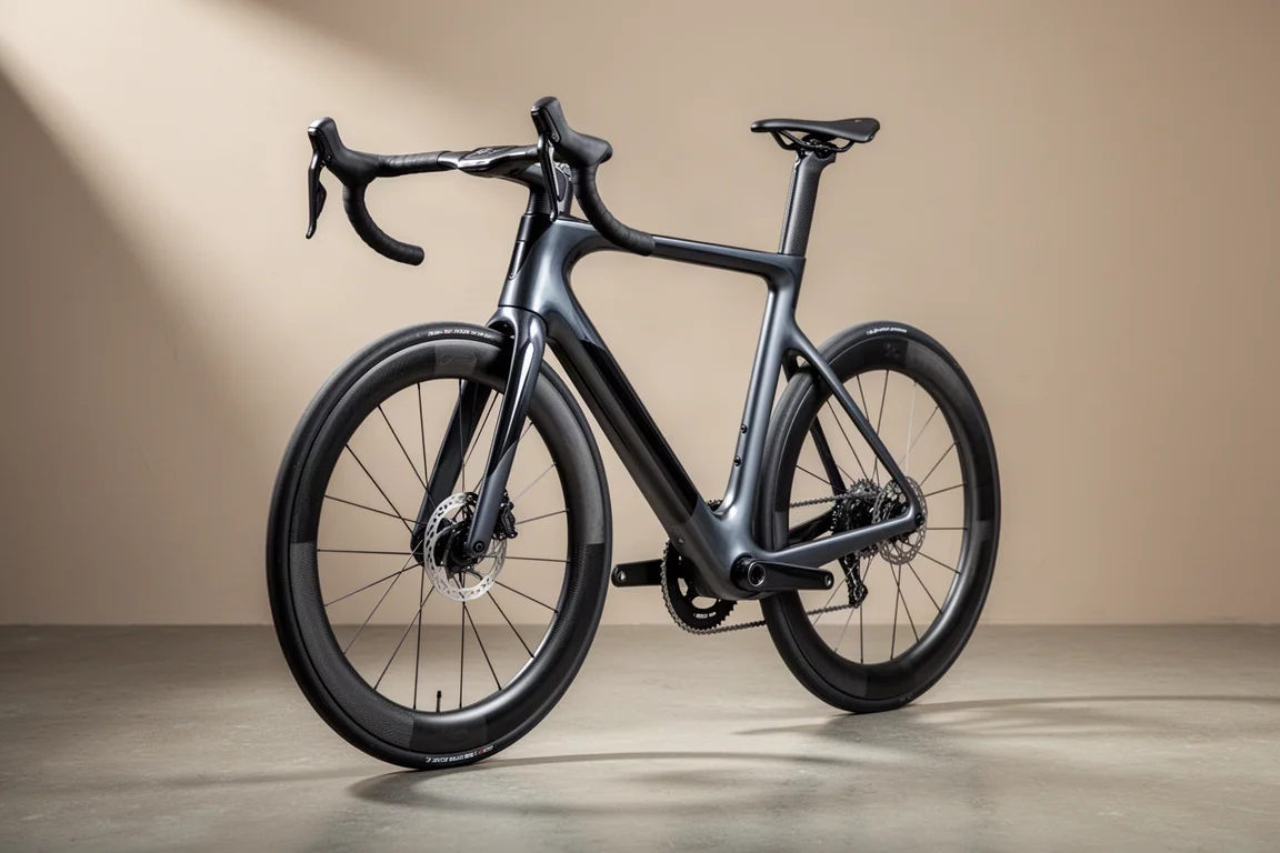 Bici da strada aero moderna in carbonio con ruota anteriore a profilo alto e manubrio stretto su cemento