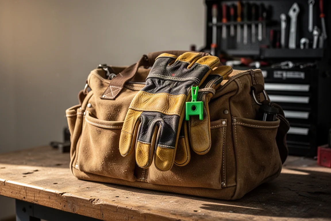 Arbeitshandschuhe, mit Clips an der Außenseite einer Canvas-Werkzeugtasche befestigt