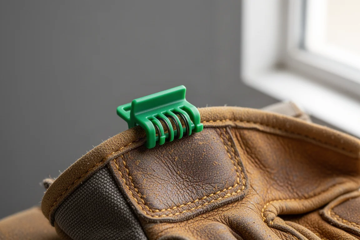 Nahaufnahme einer Kunststoff-Clip-Klemme, die eine Handschuhmanschette festhält