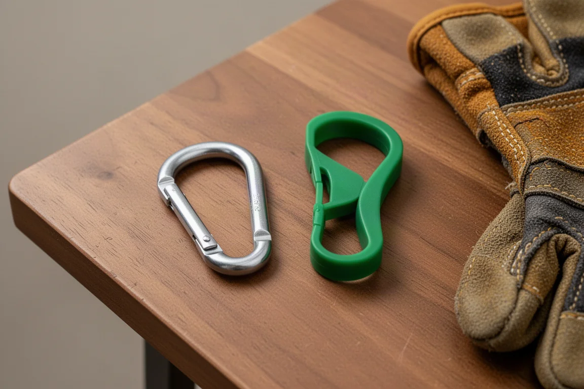 Karabiner und Handschuhclip nebeneinander auf einer hölzernen Werkbank