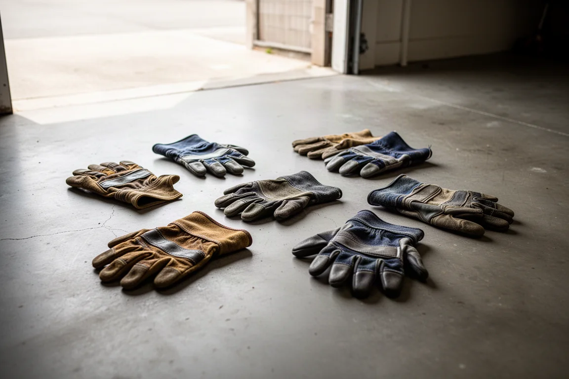 Verschiedene Arbeitshandschuhe, verteilt auf einer Garage, die auf Ordnung warten