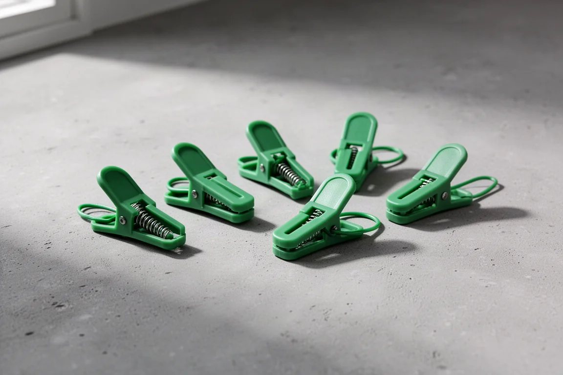 Six green plastic glove clips arranged on a grey concrete surface