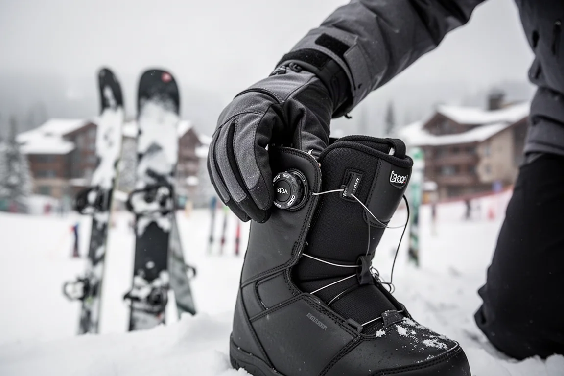Snowboarder die een Boa-knop aan een boot bijstelt in een besneeuwd skiresort