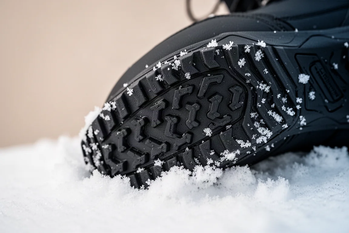 Close-up van een grippende zwarte rubberen snowboardboot-buitenzool op vaste sneeuw