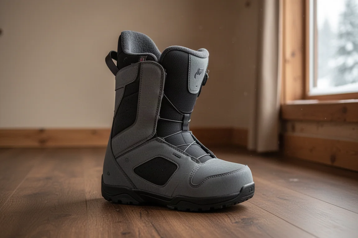 Open burrito-wrap snowboardboot-liner op een houten kabinvloer