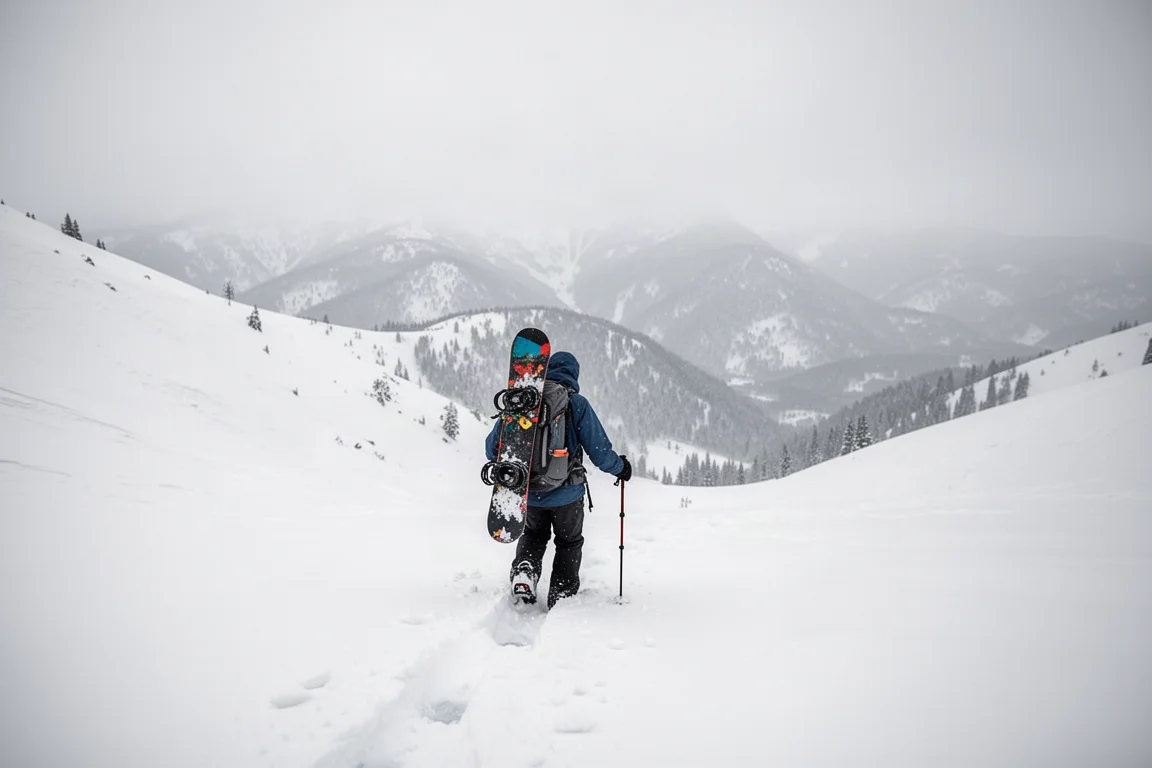 Snowboarder die bergopwaarts wandelt in een besneeuwd backcountry-traject met een board op de rug