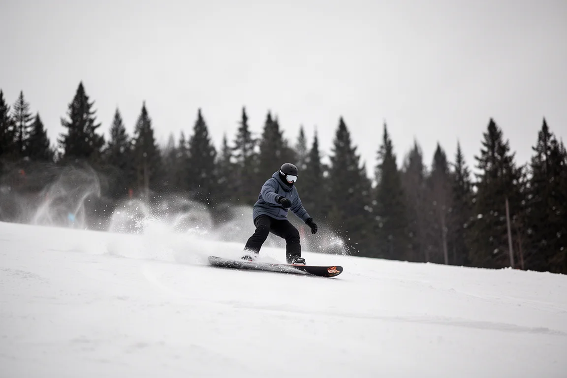 Snowboarder zieht auf einer präparierten Piste Kurven unter flachem, bedecktem Winterhimmel