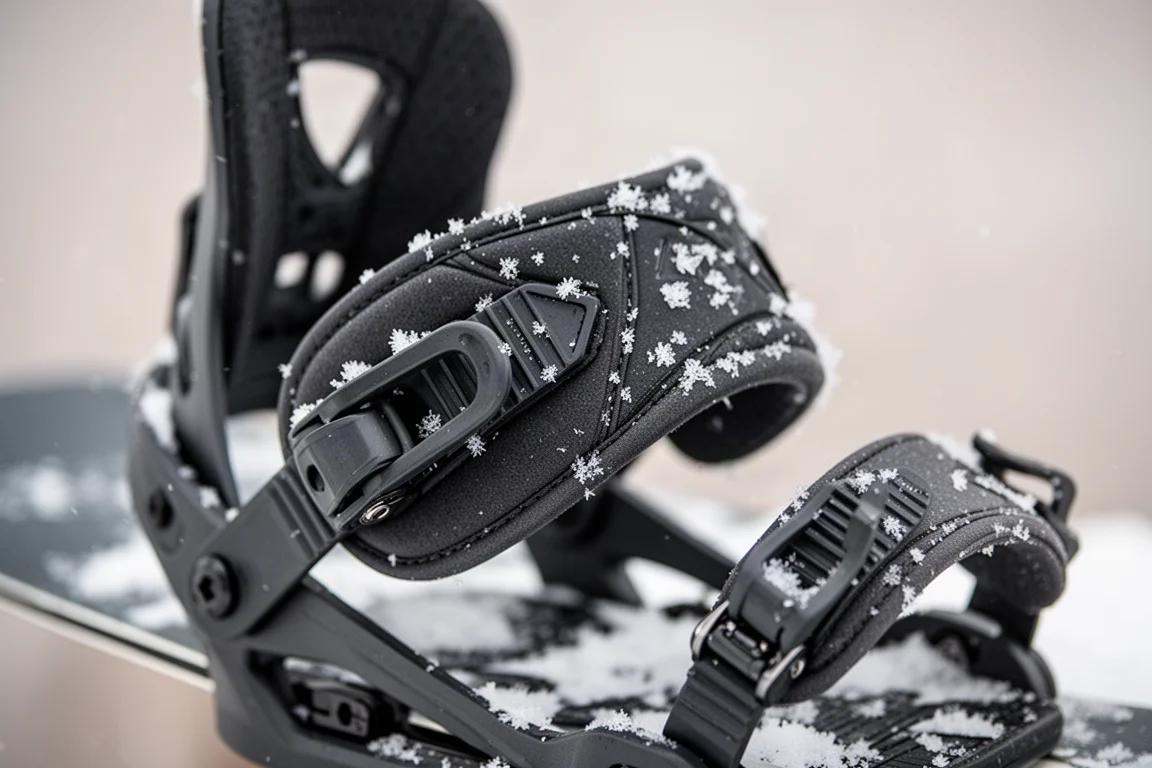 Nahaufnahme eines Knöchelstraps und Ratschenhebels einer Snowboard-Bindung, mit Schnee bestäubt
