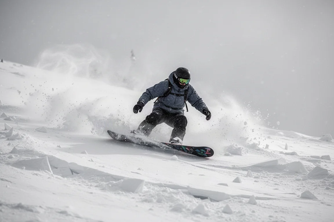 Snowboarder fährt auf aufgehacktem Pulver und gebrochenem Schnee an einem windigen Hang