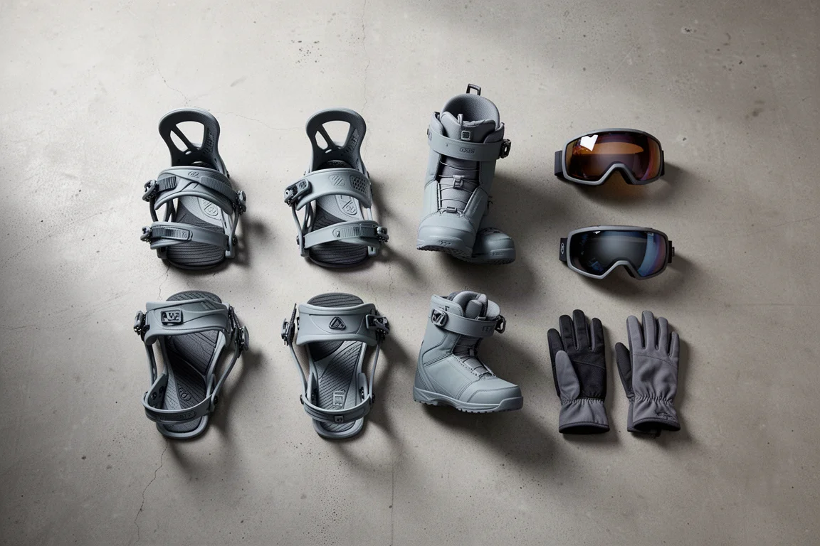 Draufsicht auf Snowboard-Bindungen, Boots, Goggles und Handschuhe auf Beton