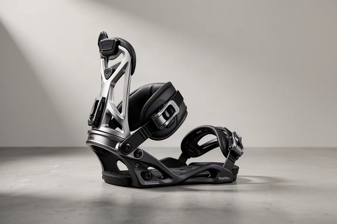Single snowboard binding with aluminium heel cup and padded straps on concrete