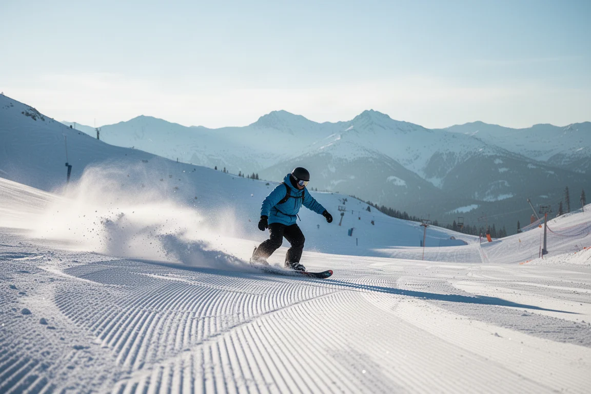 Snowboarder trazando curvas sobre pistas recién pisadas en una mañana soleada