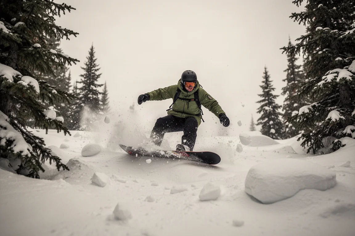 Snowboarder descendiendo a toda velocidad por moguls irregulares con nieve variable