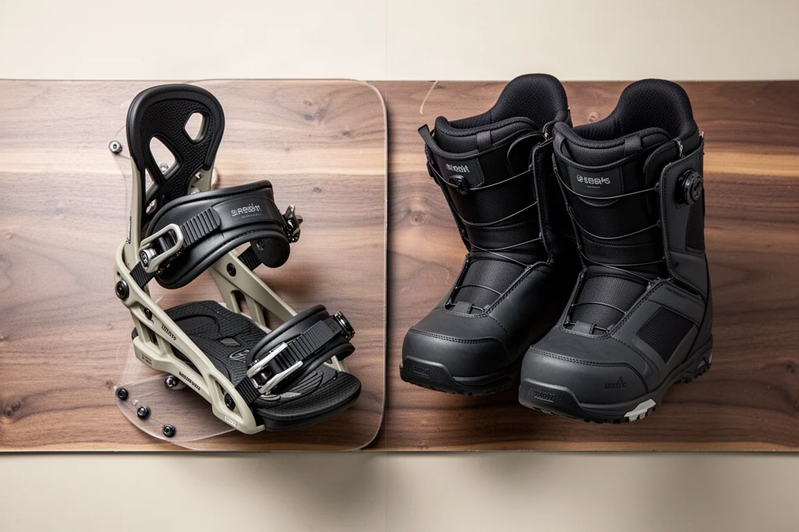 Fijaciones y botas de snowboard dispuestas sobre una superficie de madera