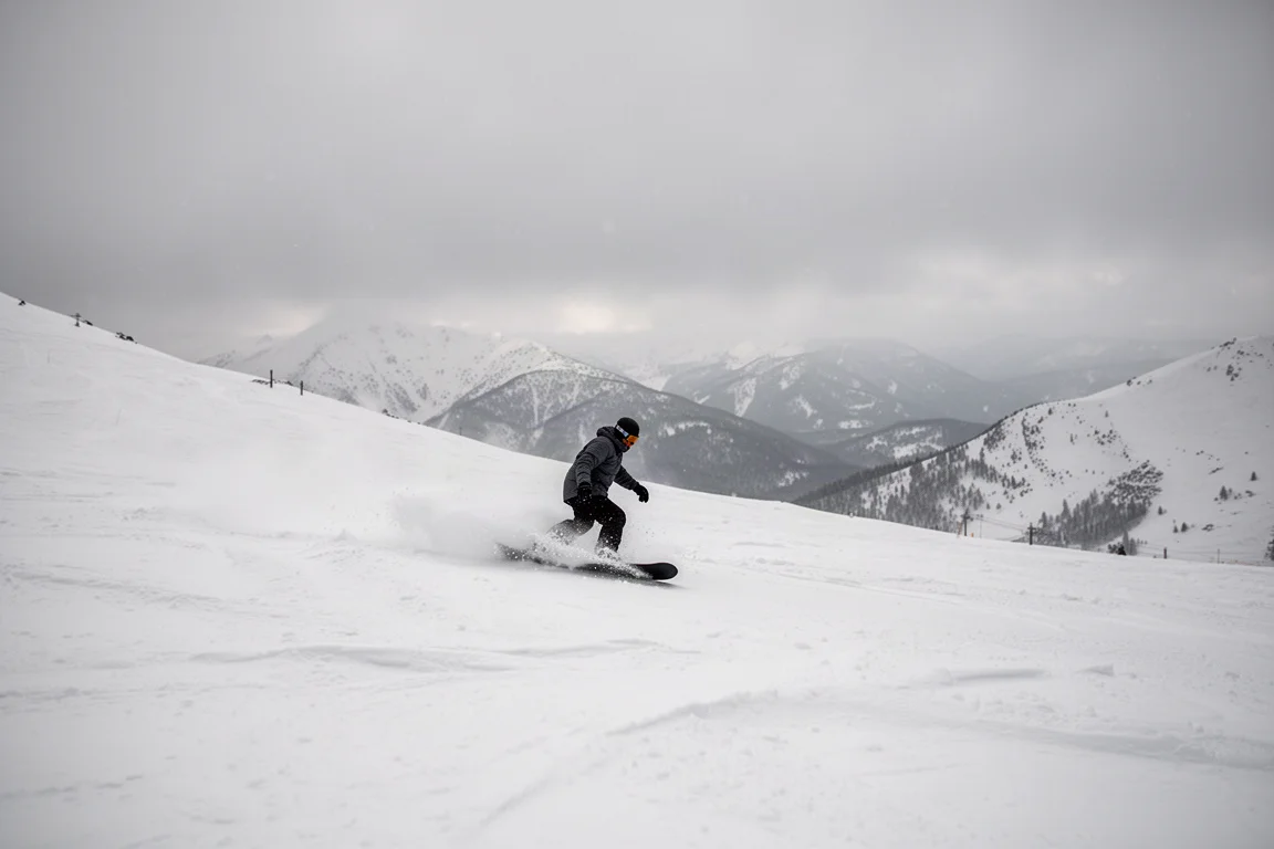 Snowboarder carving through choppy low-light terrain on a mountain slope