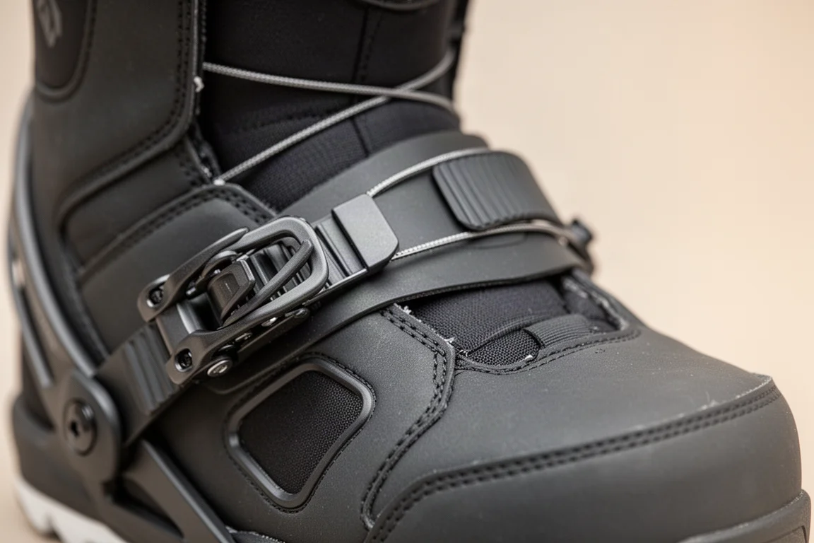 Close-up of a snowboard binding ratchet strap being tightened over a boot