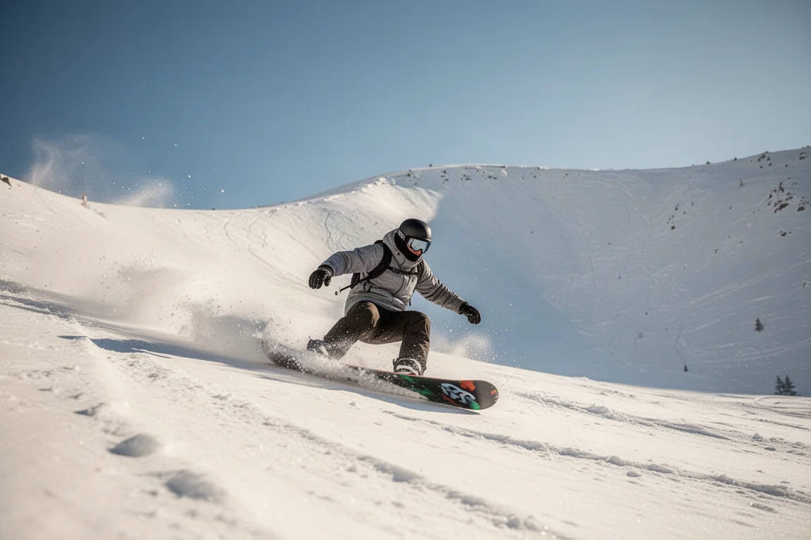 Rider pressing into a heelside carve on a sunlit spring snowboard run