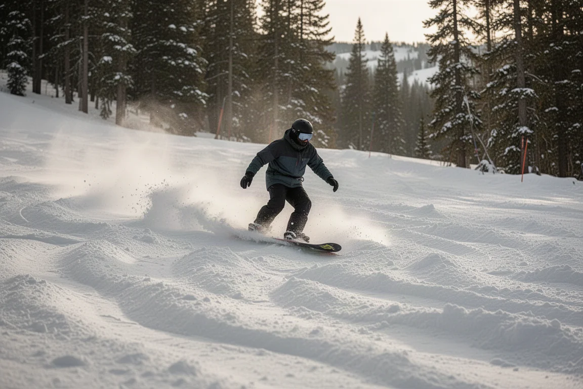 Snowboarder riding through bumpy washboard snow terrain