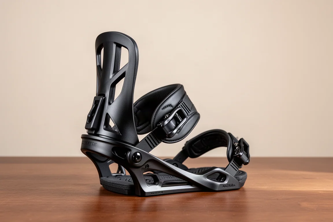 Ride A4 snowboard binding on a brushed wood surface
