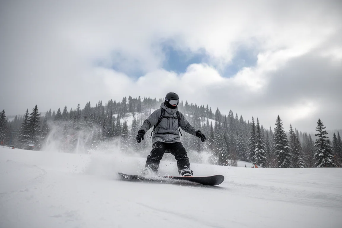 Snowboarder che scivola su neve primaverile fangosa in una giornata di sole in montagna