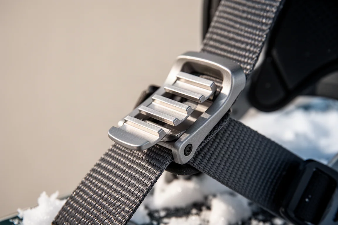 Primo piano dell'highback di un attacco snowboard con linguetta di regolazione del forward lean