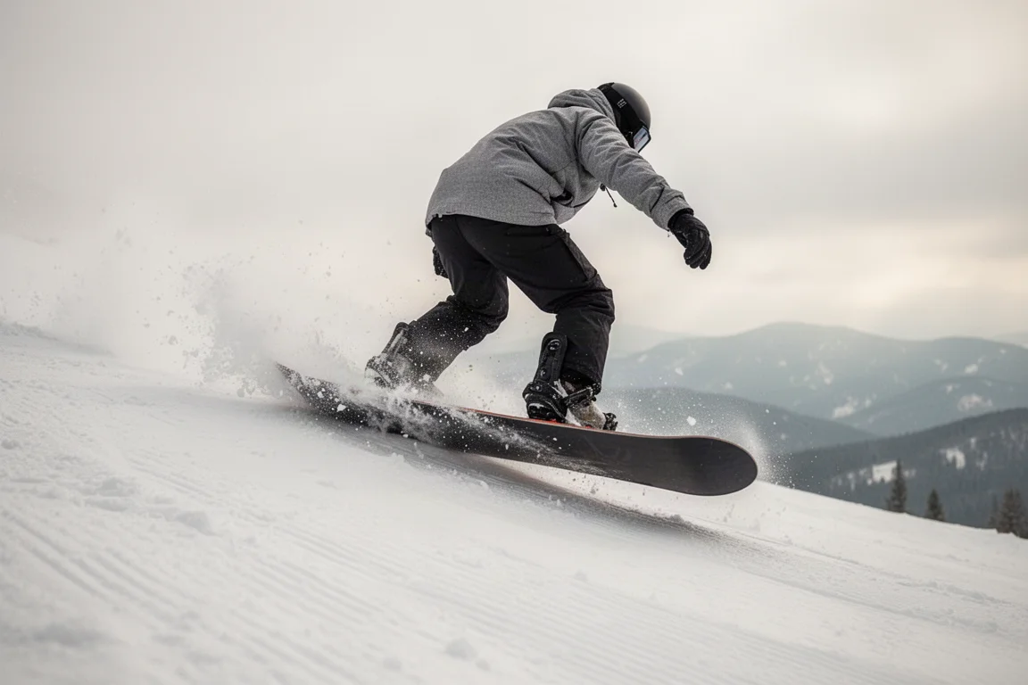 Rider che fissa la cinghia della caviglia di un attacco snowboard su una pista innevata