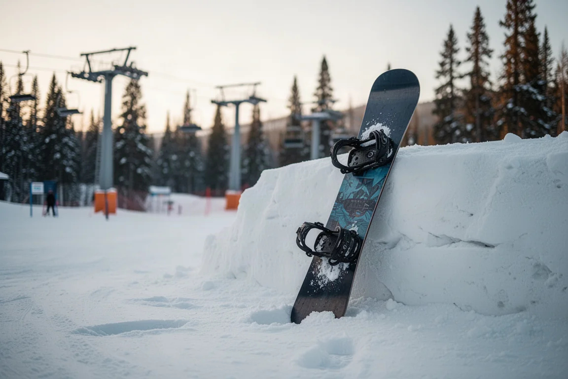 Snowboarder che preme sul nose della tavola in un terrain park