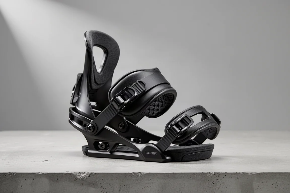 Attacco snowboard Ride A6 in alluminio su una superficie neutra di cemento