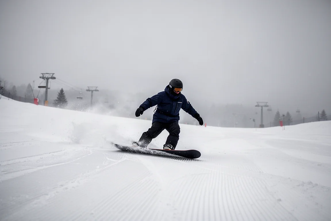 Snowboardista carveando em terreno de resort preparado com pouca visibilidade em um dia nublado