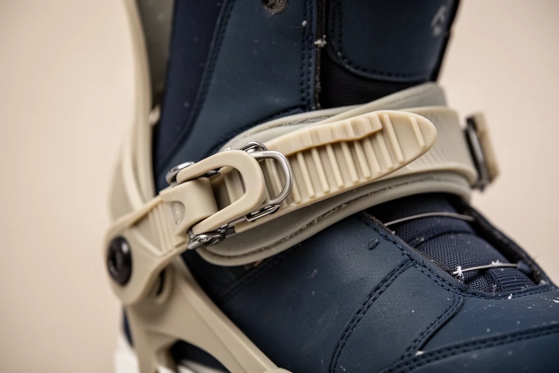 Close-up de uma tira de fixação com catraca sendo apertada sobre uma bota de snowboard