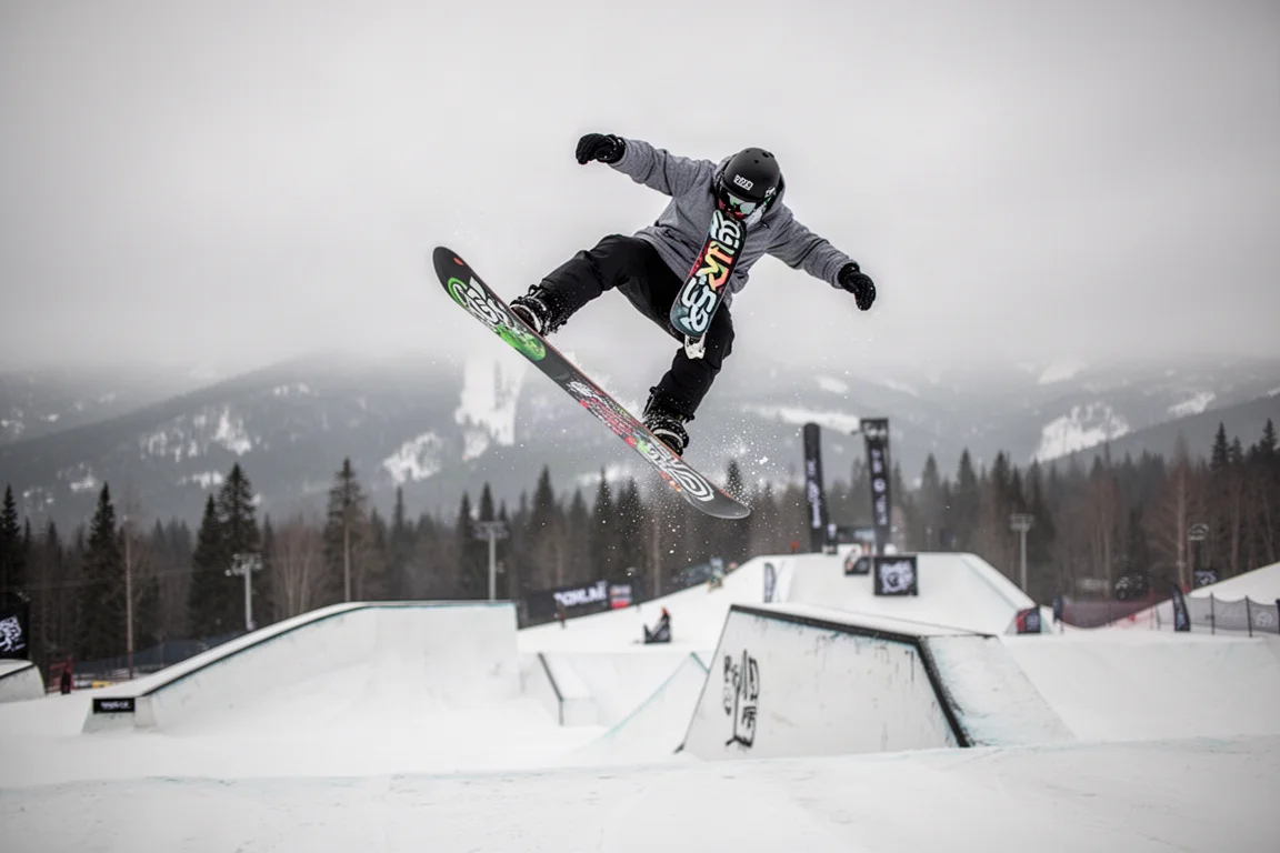 Snowboardista esticando um grab em um jump do terrain park em um dia cinzento na montanha